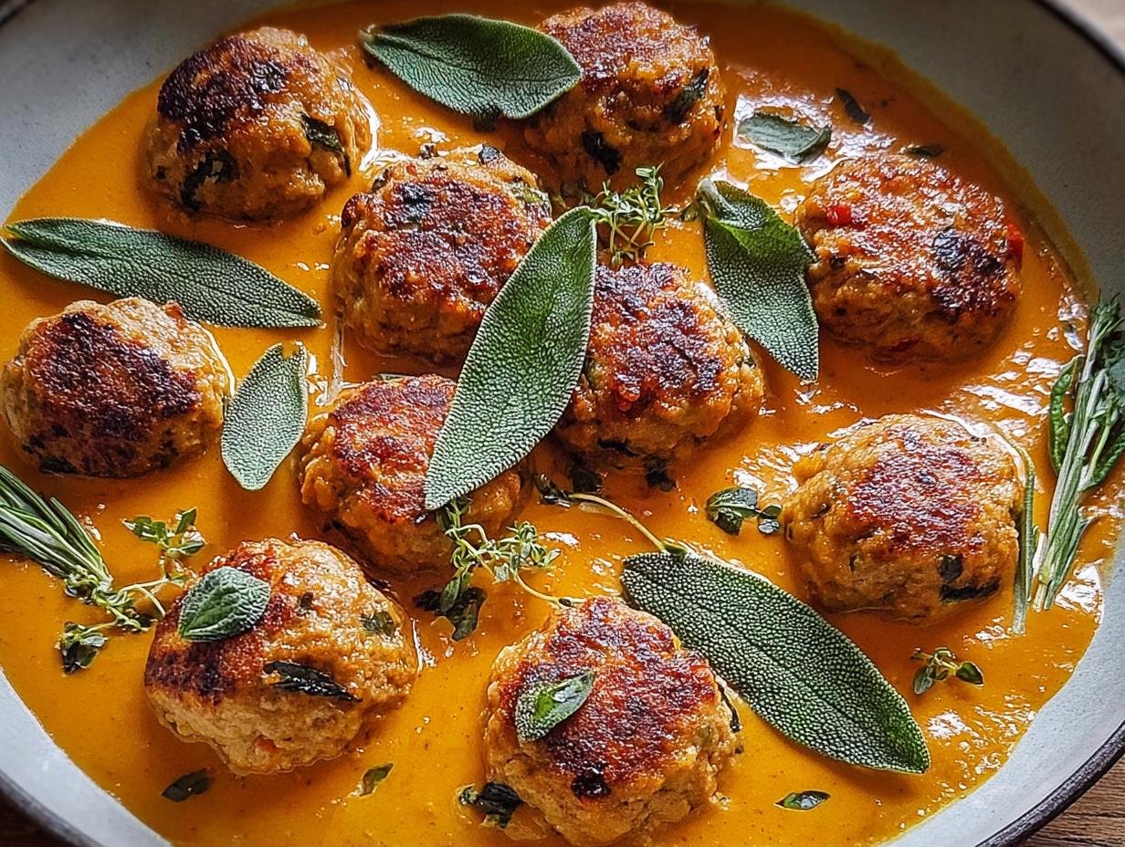 Irresistible Turkey Meatballs Pumpkin: 15 Min - Close-up of turkey meatballs in creamy pumpkin sauce