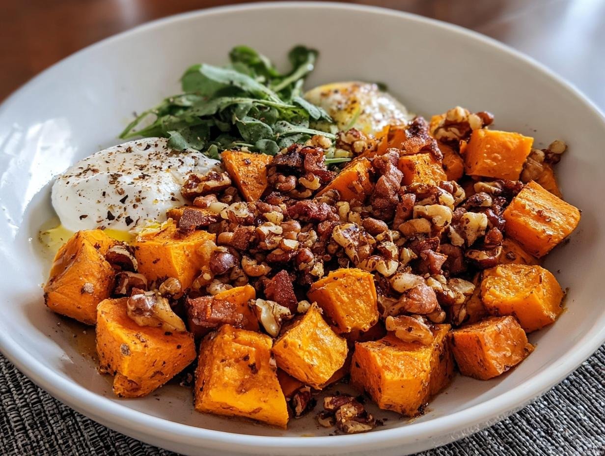 Close-up of a Sweet Potato Breakfast Bowl with yogurt and toppings