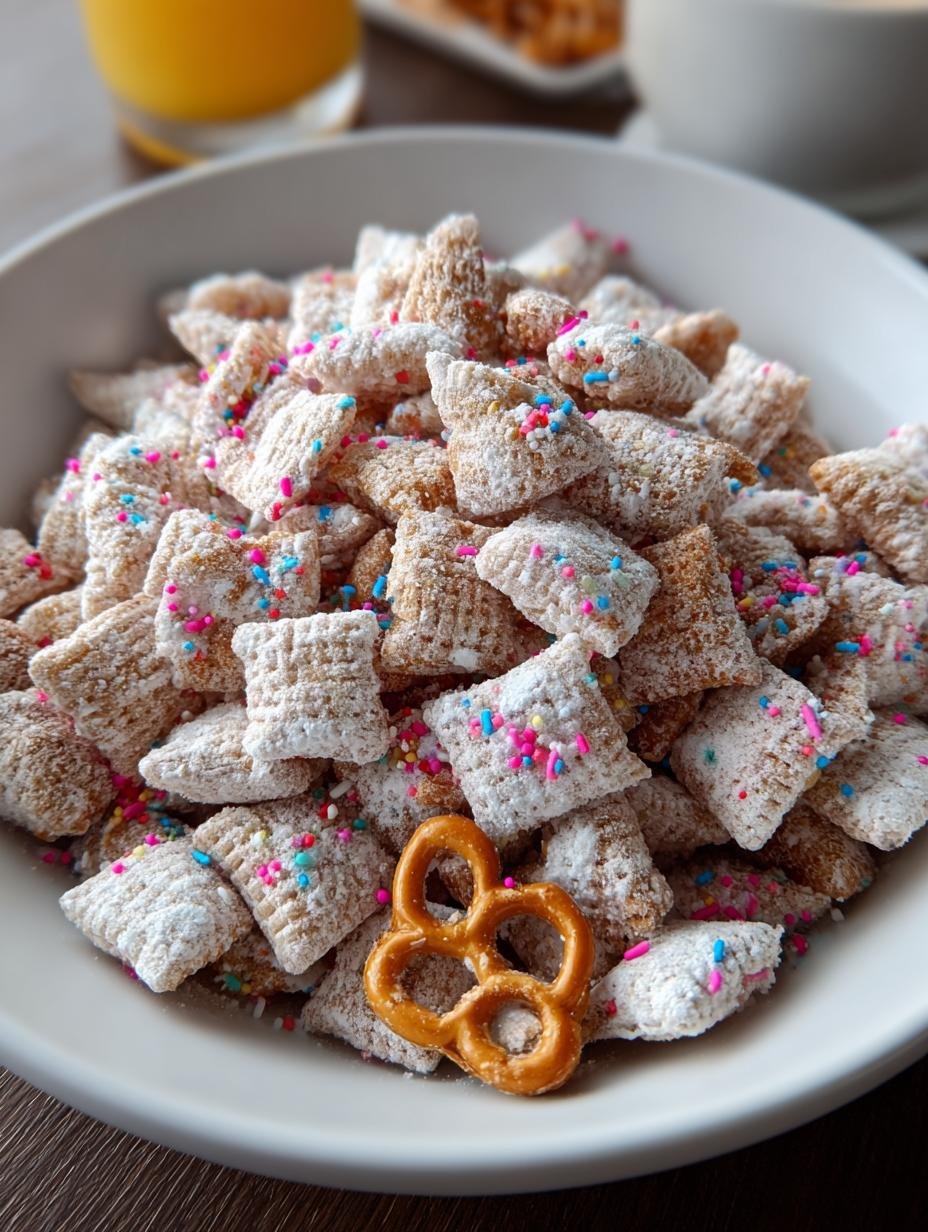Delicious Cake Batter Puppy Chow in a white bowl, topped with colorful sprinkles, ready to be served. This image showcases the amazing taste and festive look of the snack.