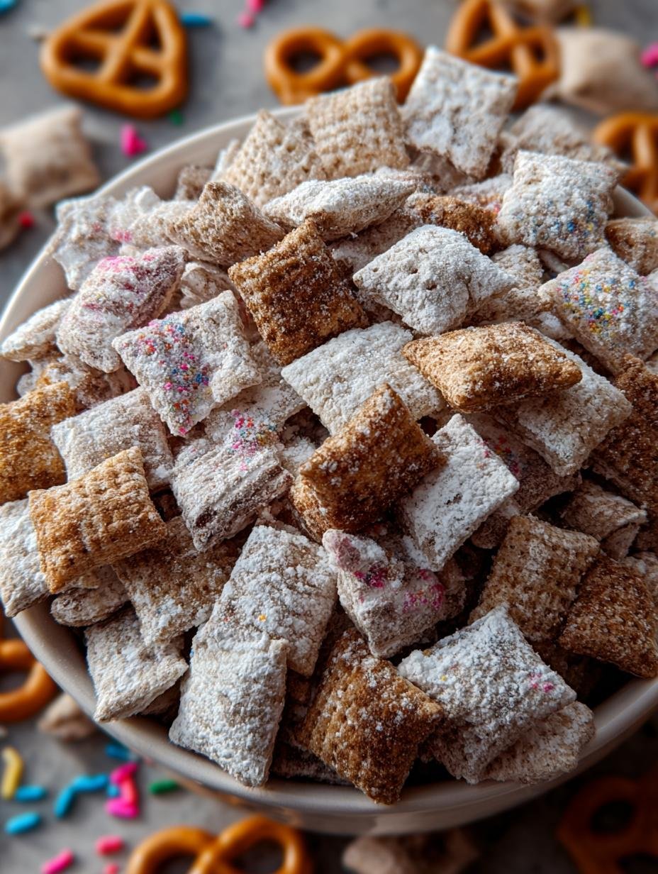 A close-up of a bowl of Cake Batter Puppy Chow, showing the crispy cereal coated in white chocolate and colorful sprinkles, highlighting its amazing taste and texture.