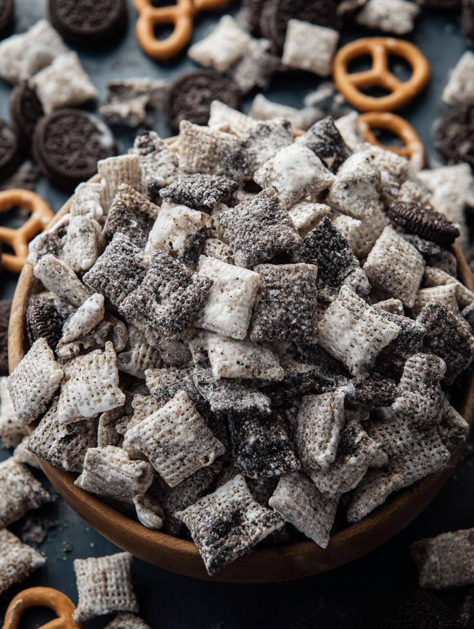 Delicious Cookies Cream Puppy Chow in a white bowl, ready to be served, highlighting the crunchy texture and sweet coating.