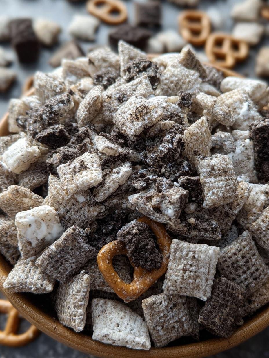 A close-up of Cookies Cream Puppy Chow in a bowl, showcasing the powdered sugar coating and crushed Oreo pieces, perfect for a sweet treat.