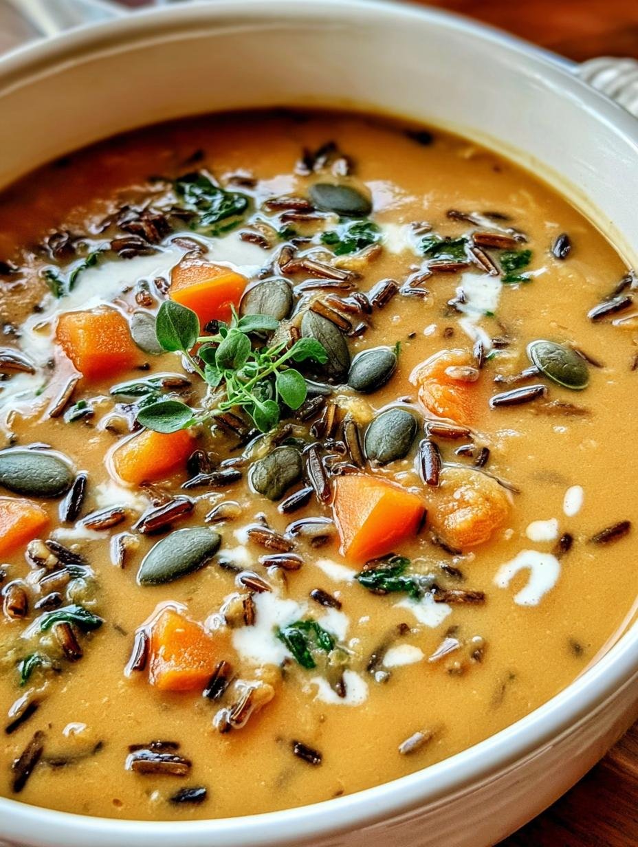 Delicious and creamy Cozy Pumpkin Wild Rice in a bowl, garnished with fresh herbs, ready to eat.
