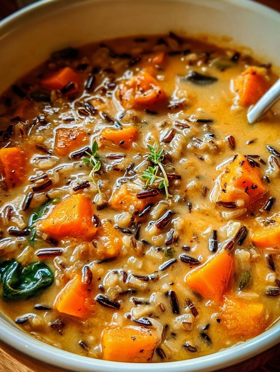 Close-up of creamy Cozy Pumpkin Wild Rice in a bowl, showing texture and ingredients.
