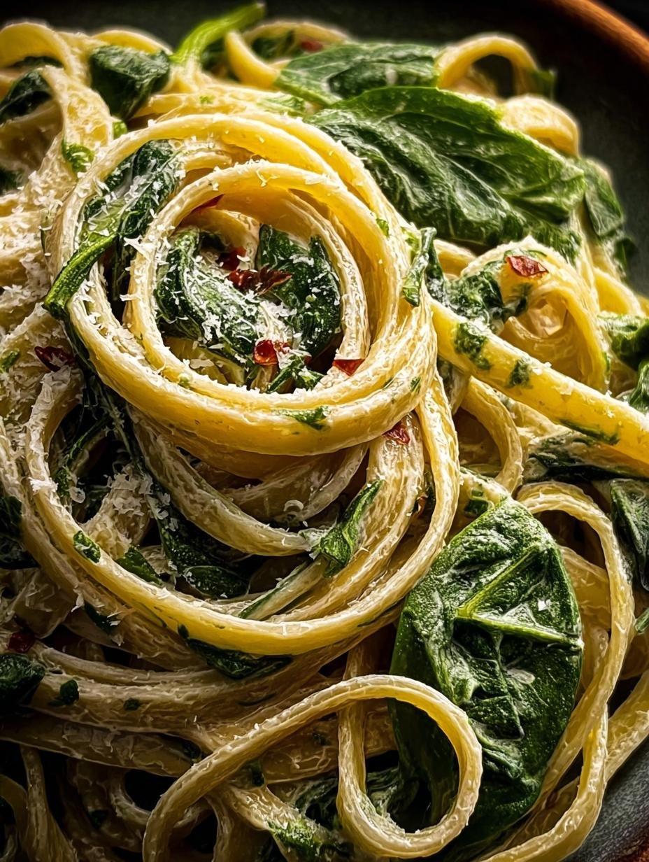 Close-up of Creamy Vegan Spinach Pasta in a pan, showing the rich green sauce and tender pasta strands.