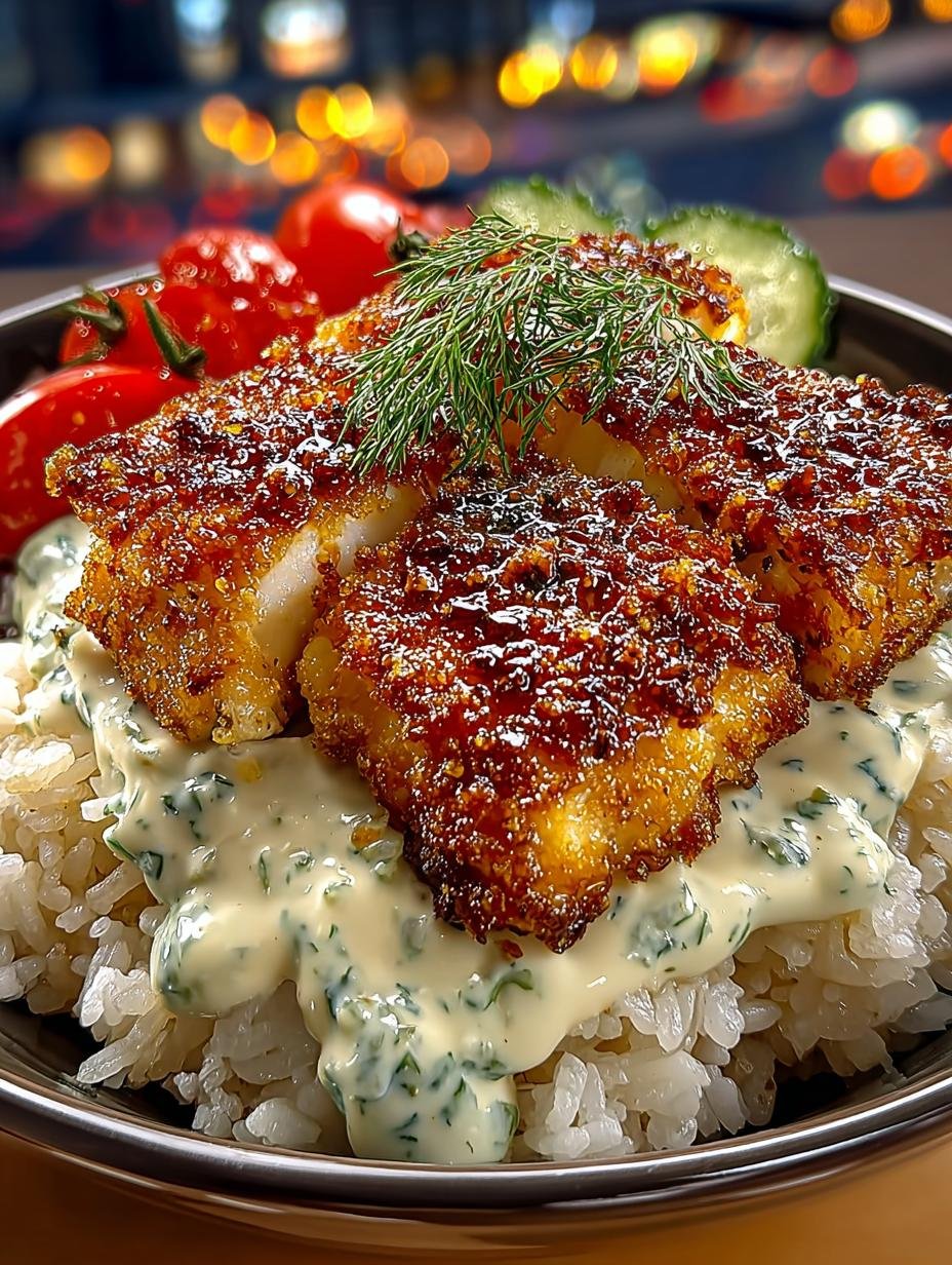 Crispy Fish Rice with Creamy Dill Ranch: A Delightful Meal - Crispy Fish Rice with - main visual representation