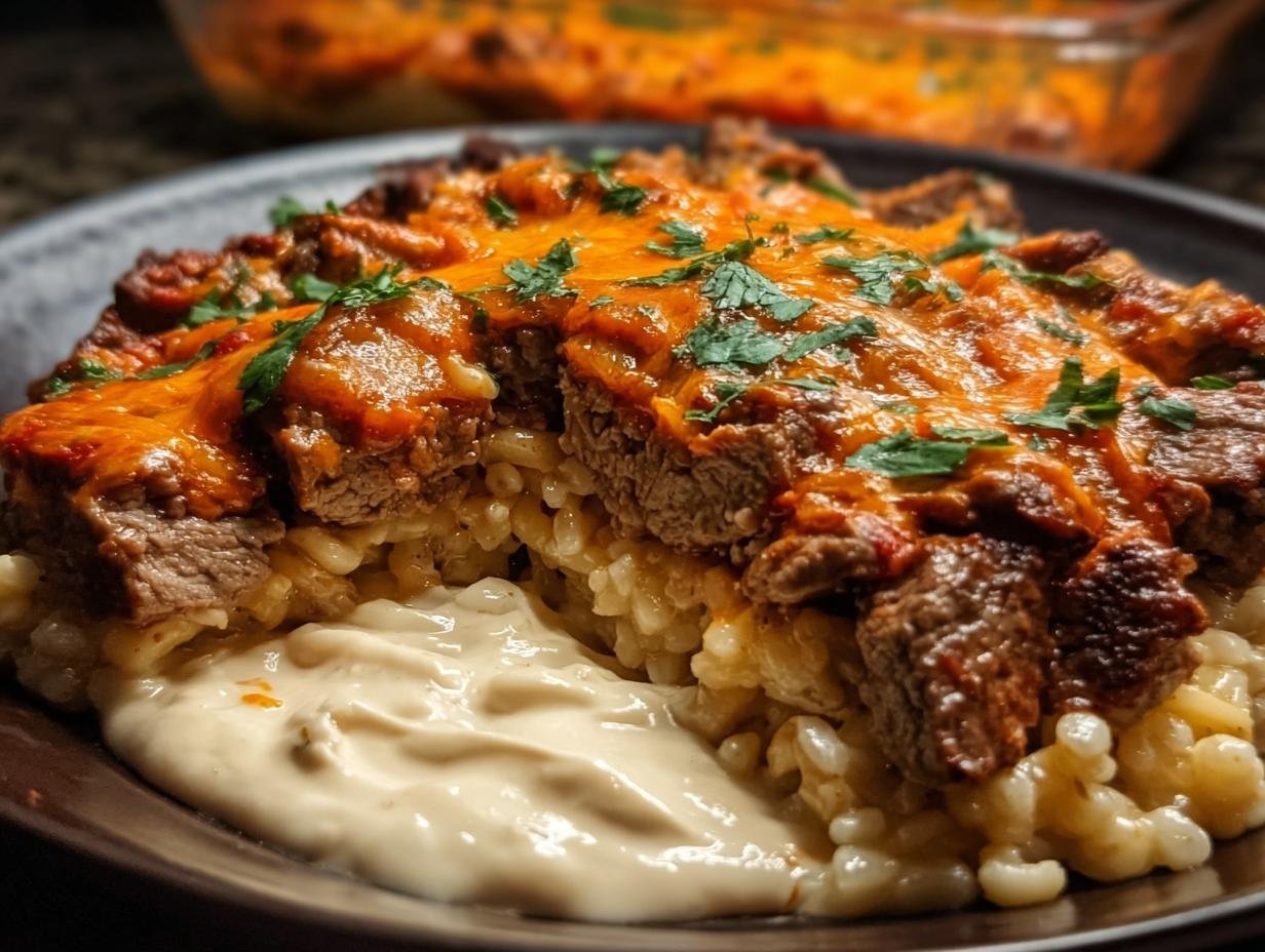 Irresistible Beefy Tortellini Bake - close-up of cheesy pasta bake