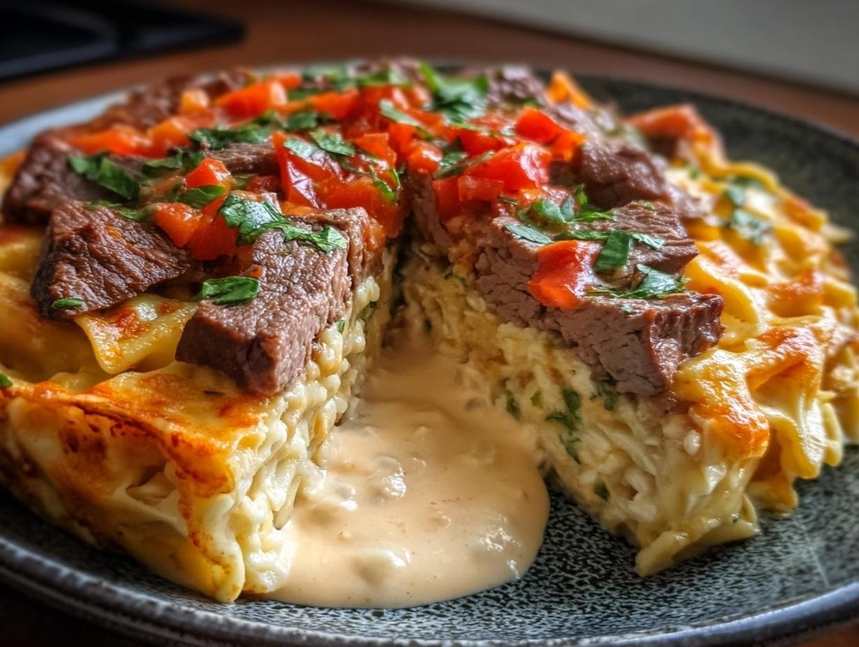 Irresistible Beefy Tortellini Bake - layers of pasta, sauce, and cheese in baking dish