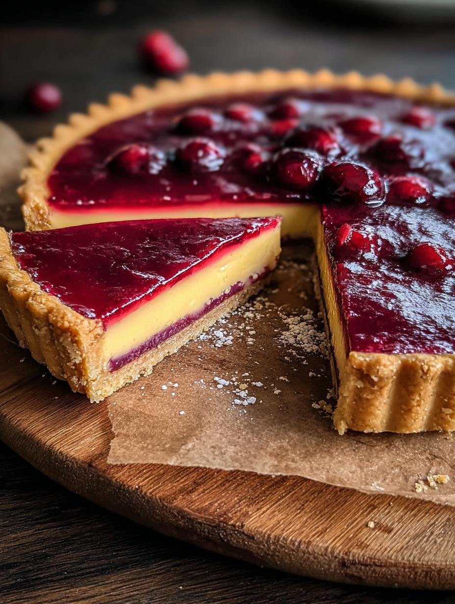 Irresistible Cranberry Curd Tart: A stunning, vibrant red cranberry curd tart with a golden crust, garnished with fresh cranberries and mint, ready to be served on a white plate.