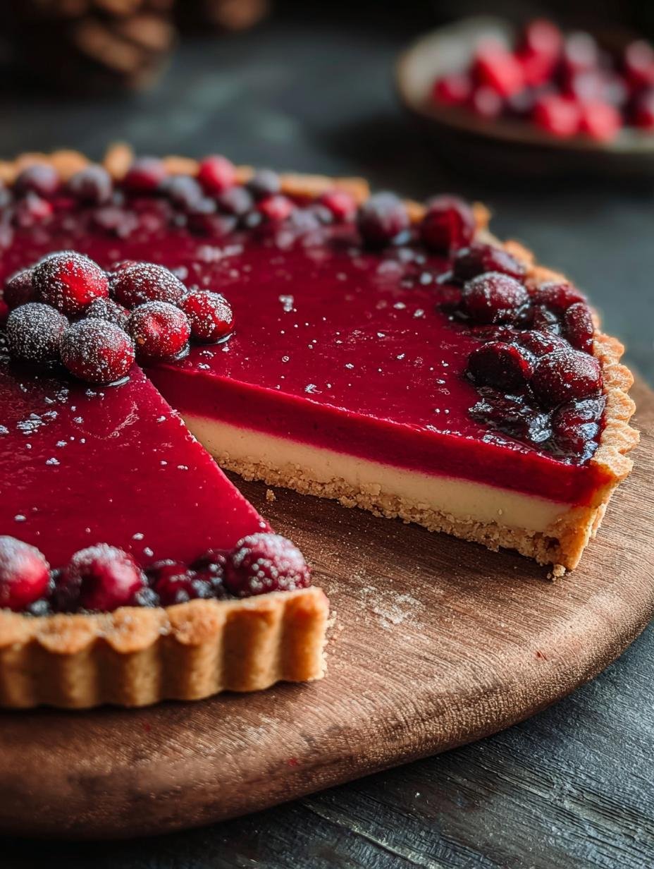 Irresistible Cranberry Curd Tart: A close-up of a slice of cranberry curd tart, showcasing the smooth, glossy curd and flaky crust, with a dollop of whipped cream and fresh cranberries on top.