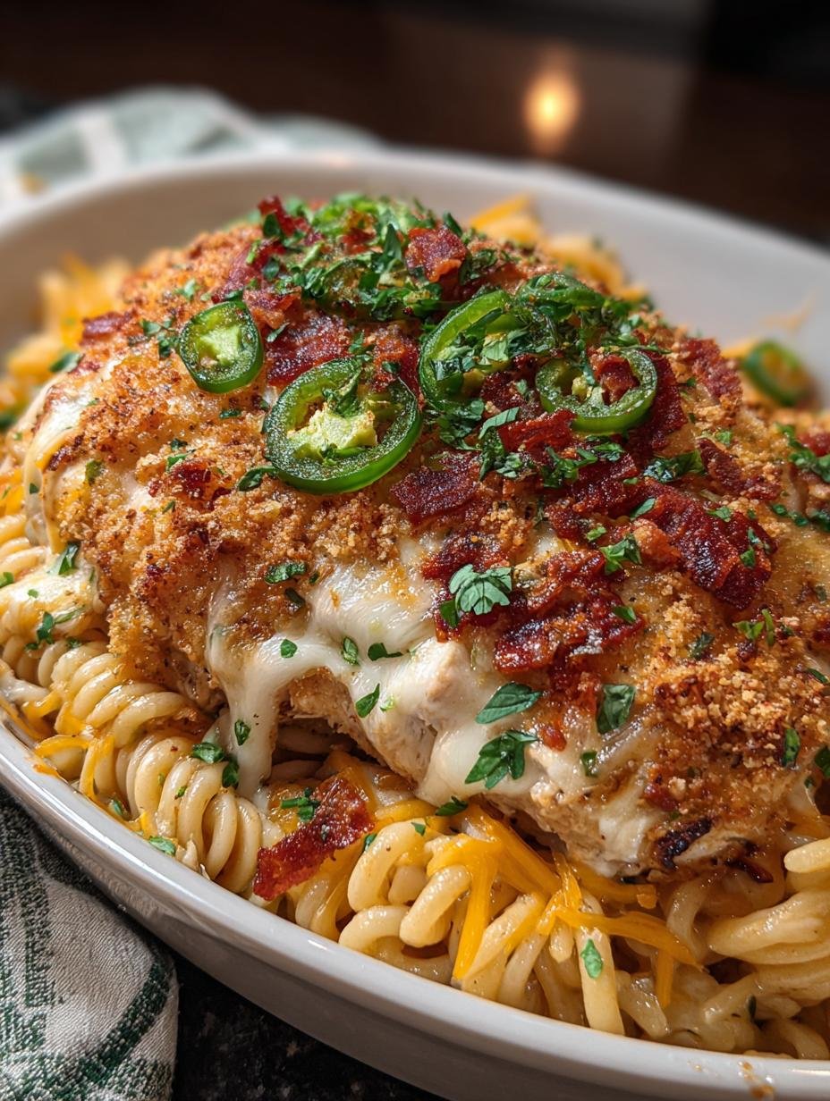 Close-up of creamy One Pot Chicken Parmesan with rigatoni, chicken, and melted cheese