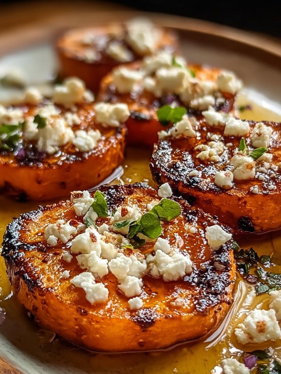 Delicious Roasted Sweet Potato Rounds with feta and honey, perfectly caramelized on a white plate