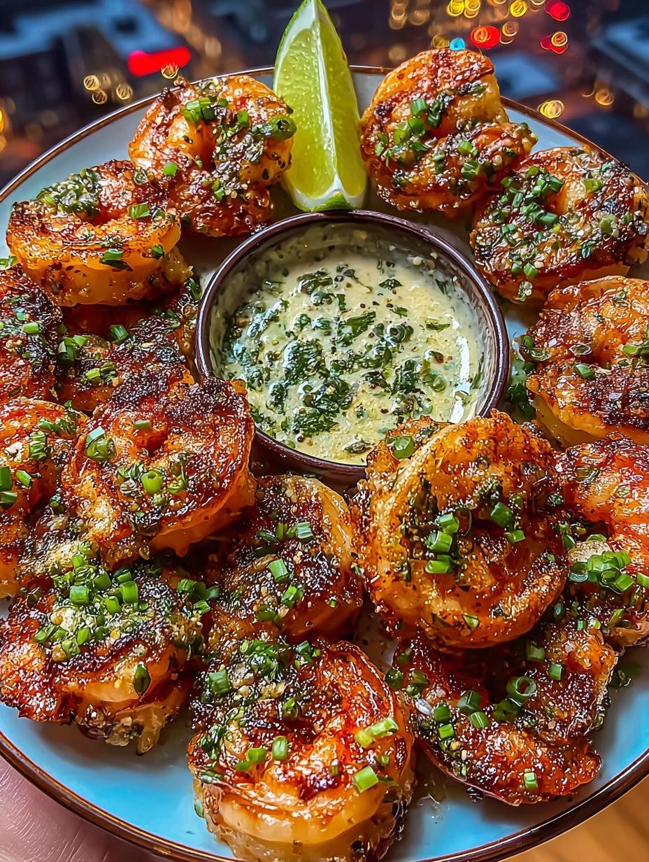 A close-up of crispy Spicy Garlic Shrimp Poppers piled high, garnished with fresh parsley and served with a creamy dipping sauce.