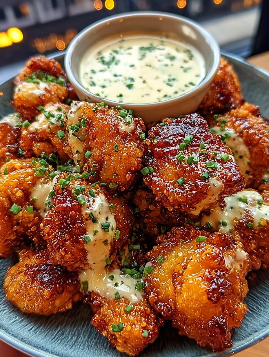 Close-up of golden-brown Spicy Honey Chicken Bites coated in a glossy, sweet, and spicy sauce, with a side of creamy ranch dip