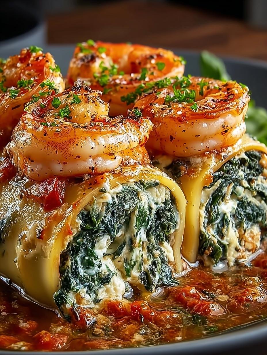 Irresistible Cheesy Shrimp Spinach Rollatini fresh from the oven on a serving plate