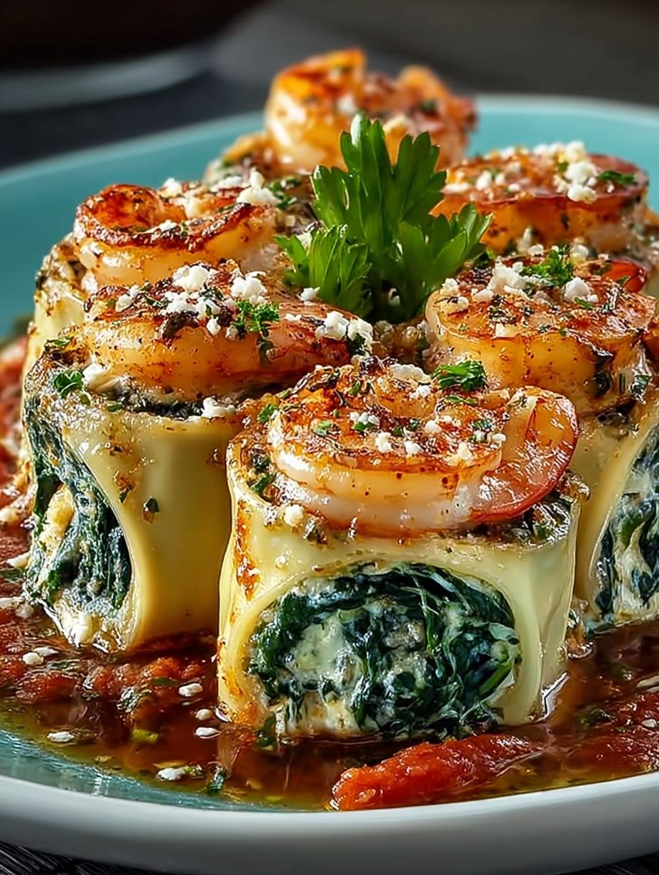 Delicious Cheesy Shrimp Spinach Rollatini served with marinara sauce