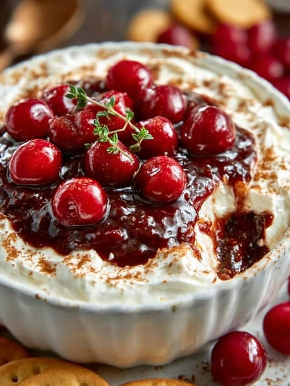 Delicious Cherry Cheesecake Dip Incredible garnished with fresh cherries