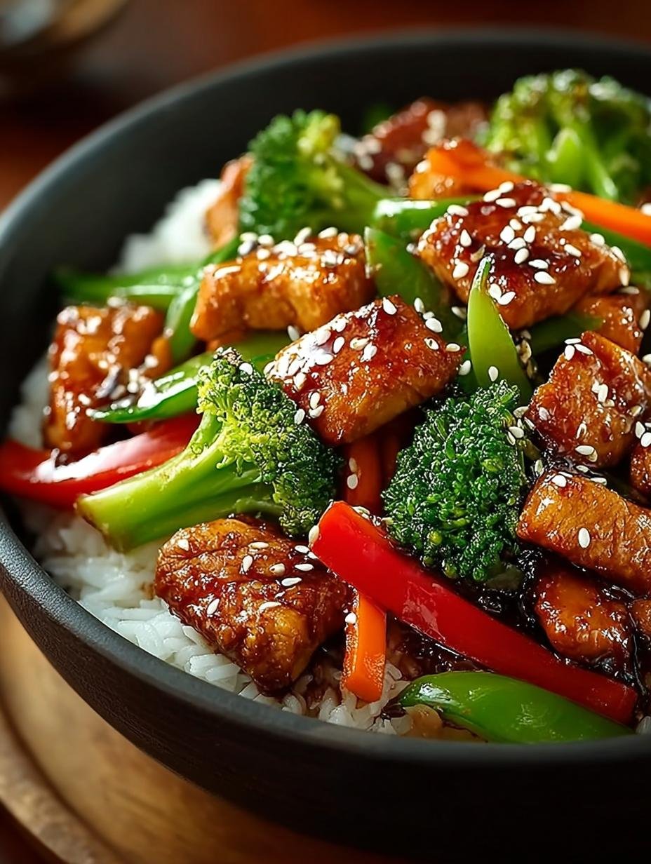 Delicious Teriyaki Chicken Stir Fry served with rice and garnished