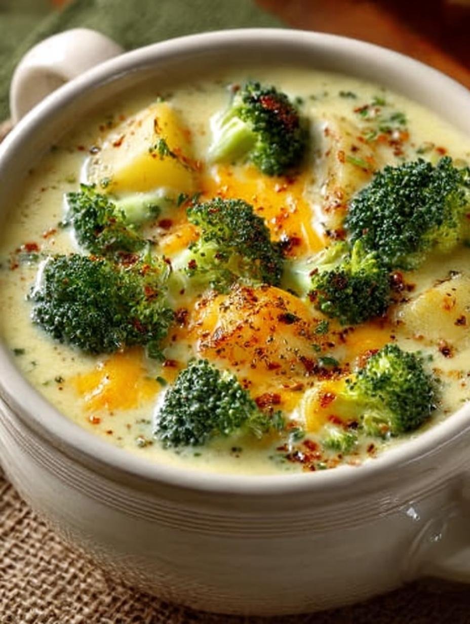Irresistible Broccoli Cheese Potato Soup served in a bowl with croutons