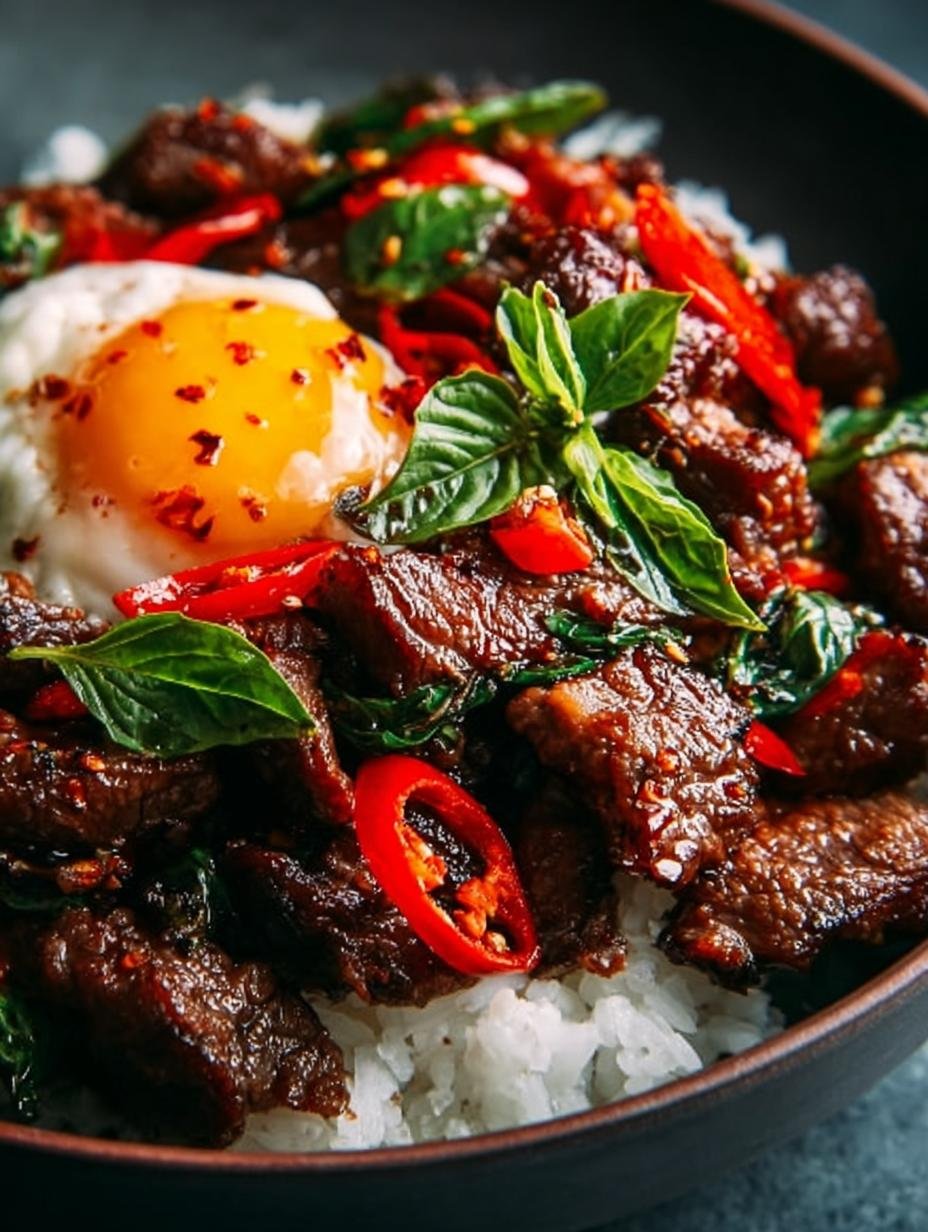 Delicious Thai Inspired Basil Beef with vibrant colors and fresh ingredients