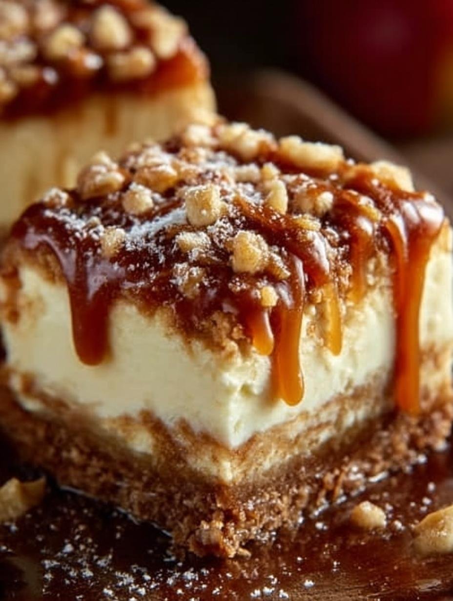 Irresistible Caramel Apple Cheesecake Bars fresh from the oven on a cooling rack