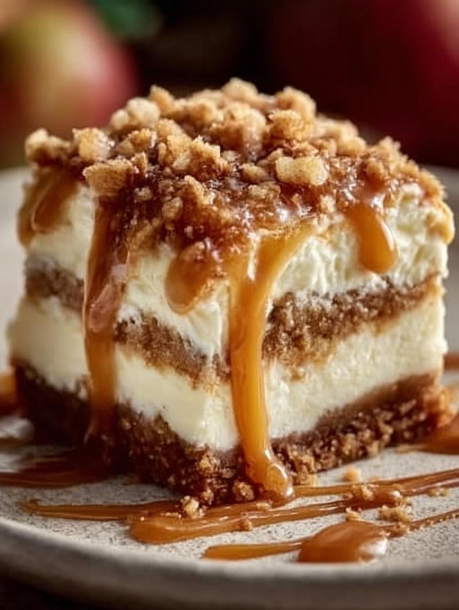 Delicious Caramel Apple Cheesecake Bars ready to serve with caramel drizzle