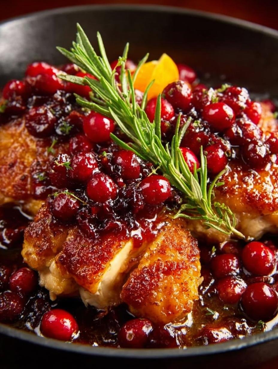 Delicious Skillet Cranberry Orange Chicken garnished with parsley